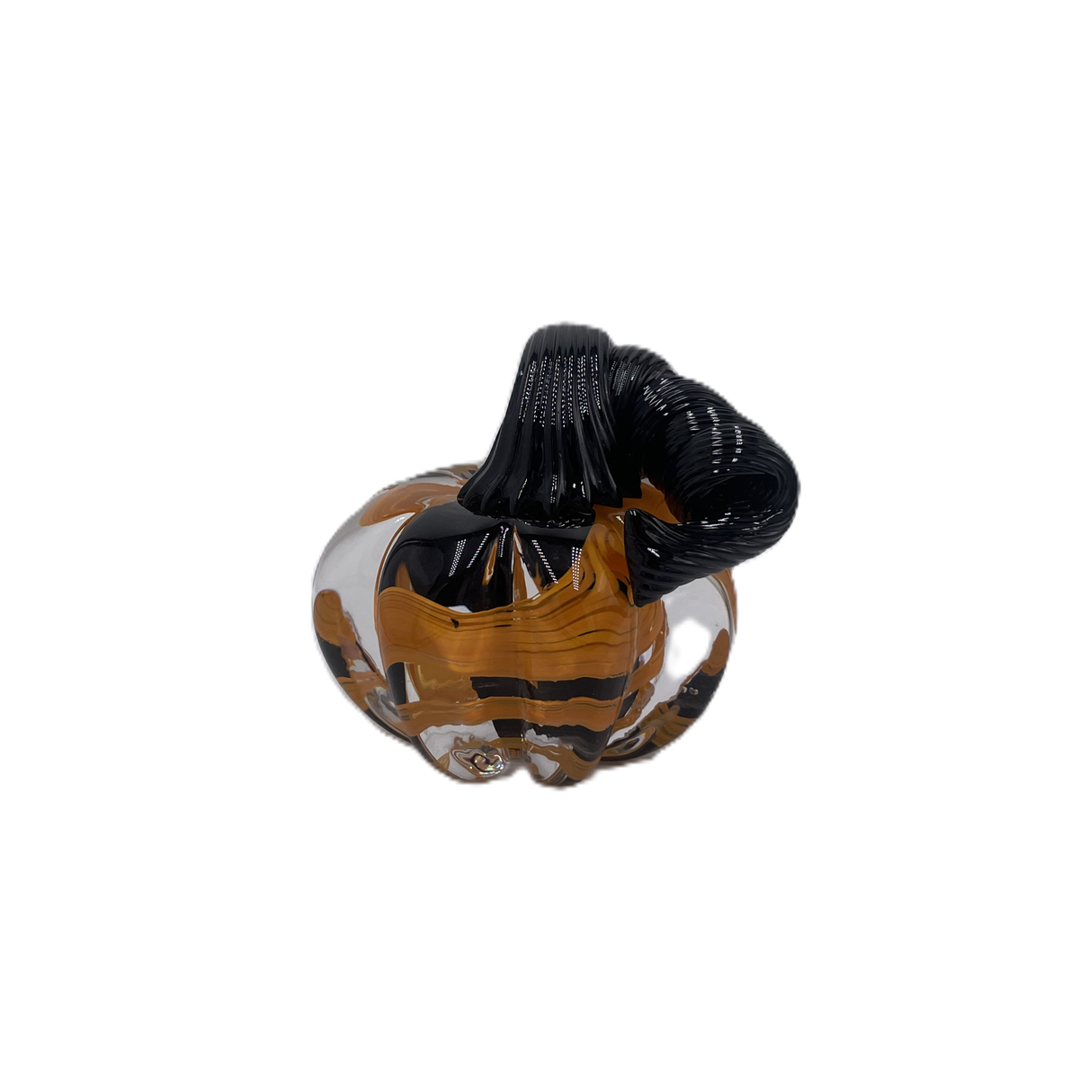 A solid glass pumpkin, featuring a glossy black stem and swirling orange, black and clear glass body on a plain white background.