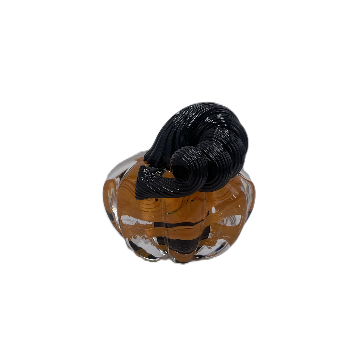 A solid glass pumpkin, featuring a glossy black stem and swirling orange, black and clear glass body on a plain white background.