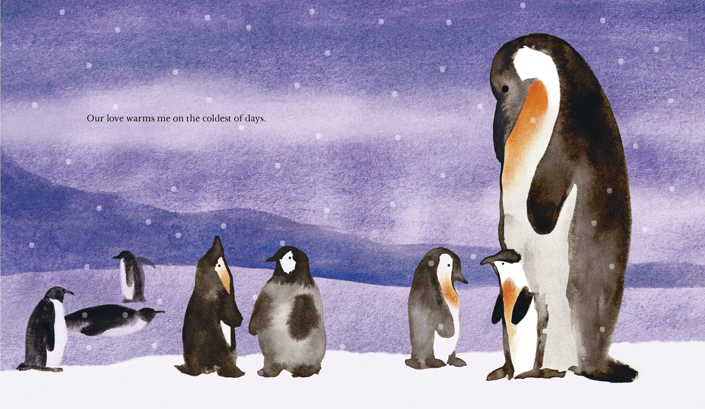 Illustration of penguins in a snowy landscape with a parent and its offspring.