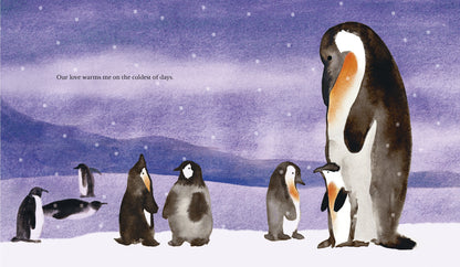 Illustration of penguins in a snowy landscape with a parent and its offspring.