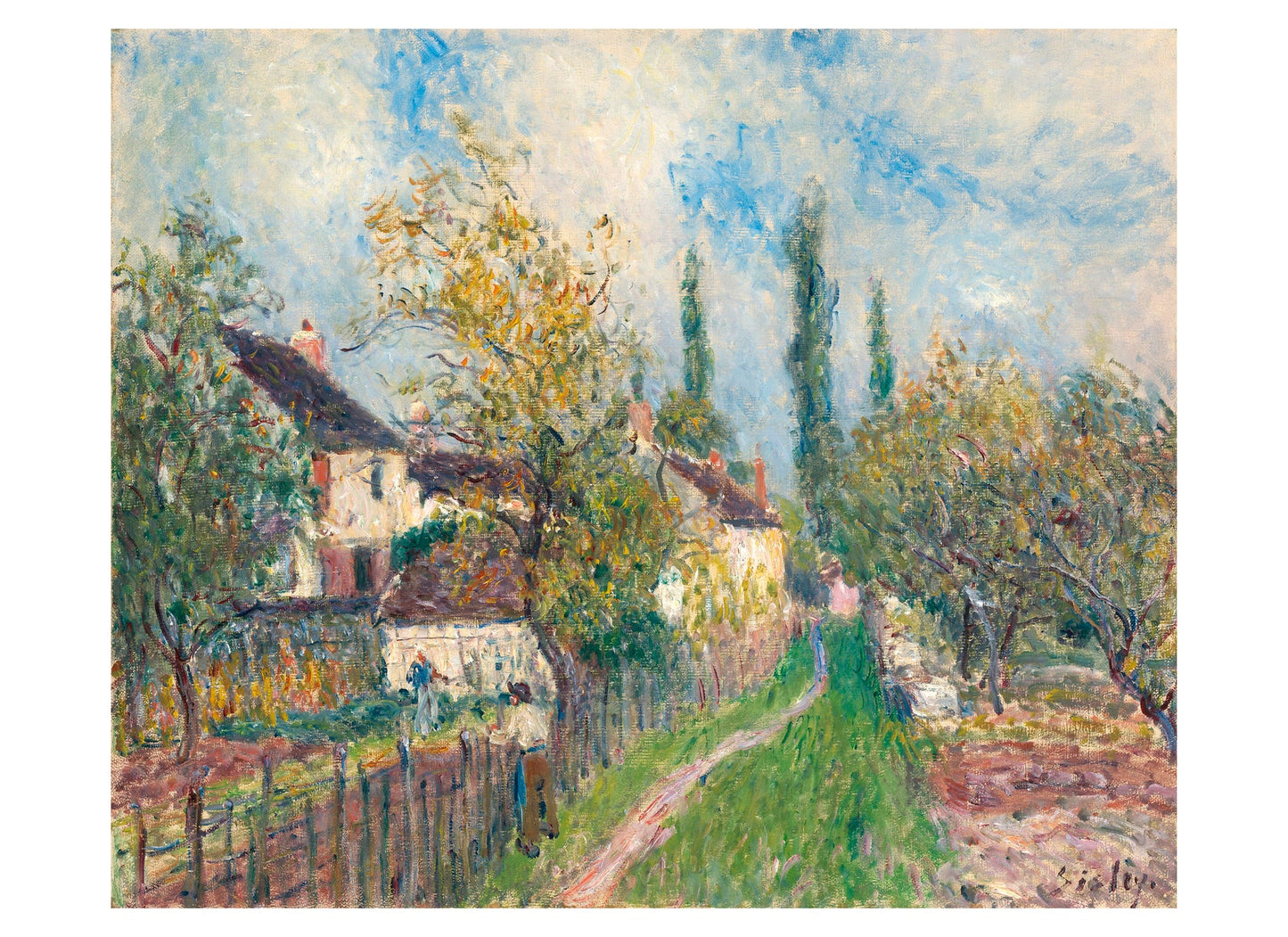 Painting of a village scene with houses, trees, and a path.