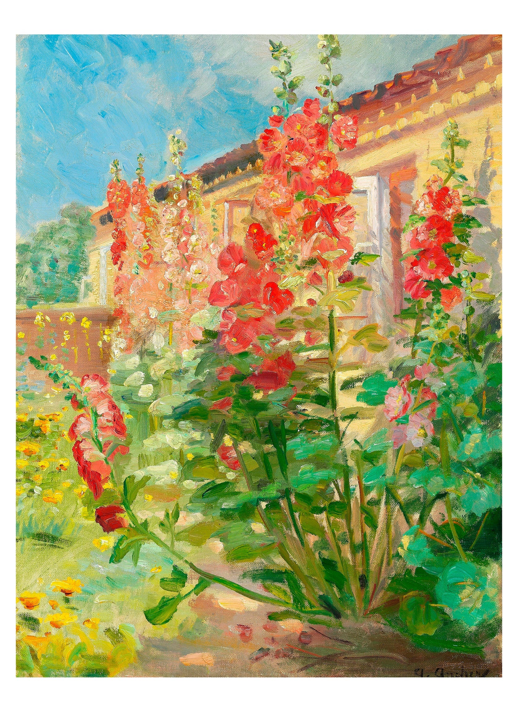 Painting of red flowers in a garden with a house in the background