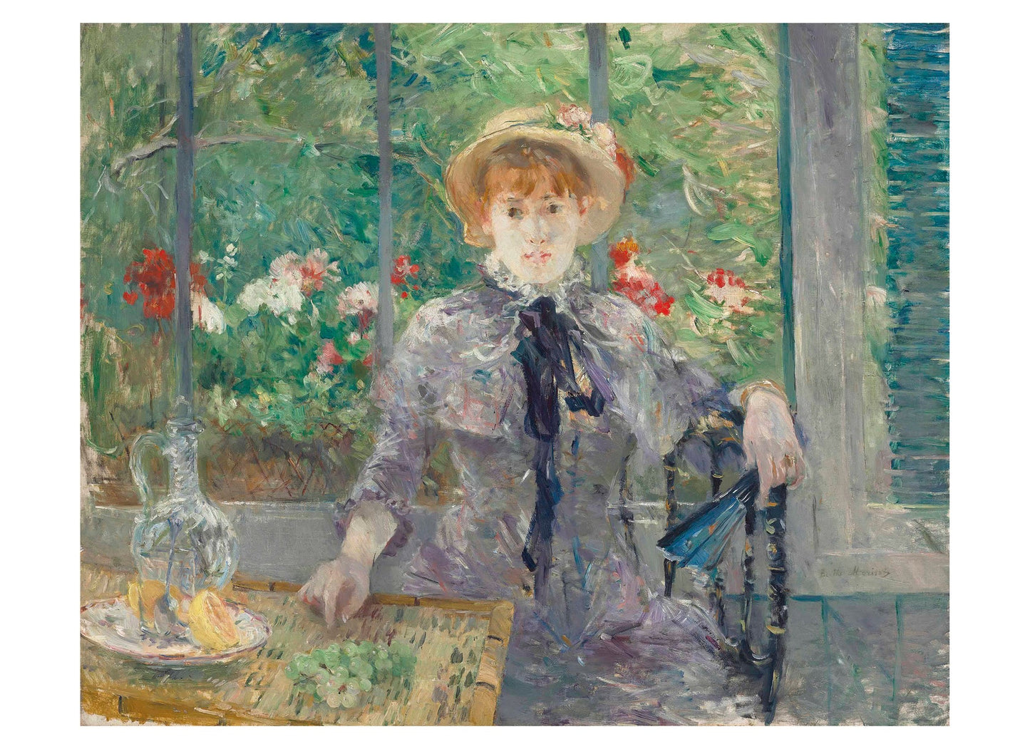 Painting of a woman sitting outdoors with flowers and a table in the background