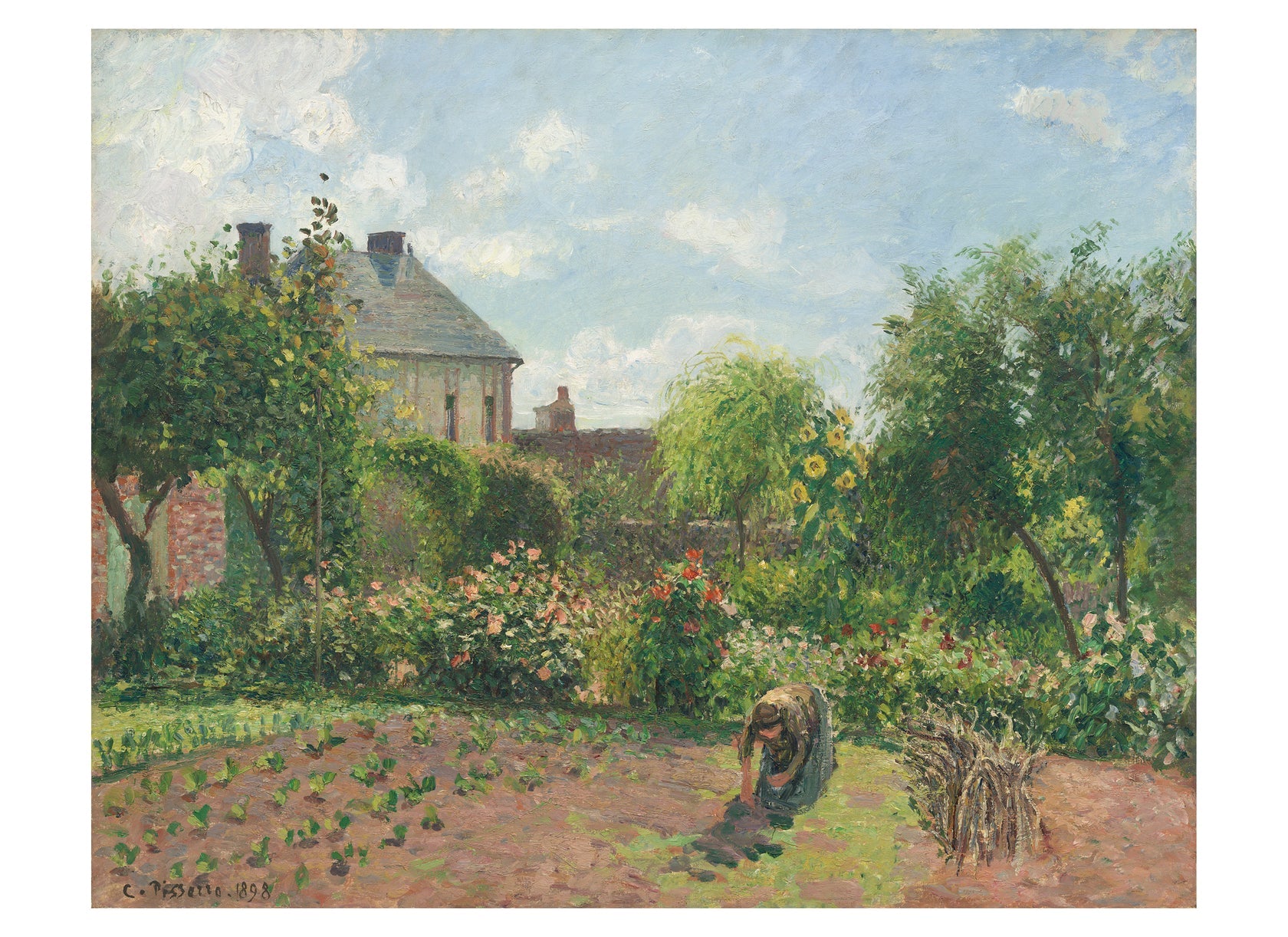 Painting of a garden scene with a house in the background