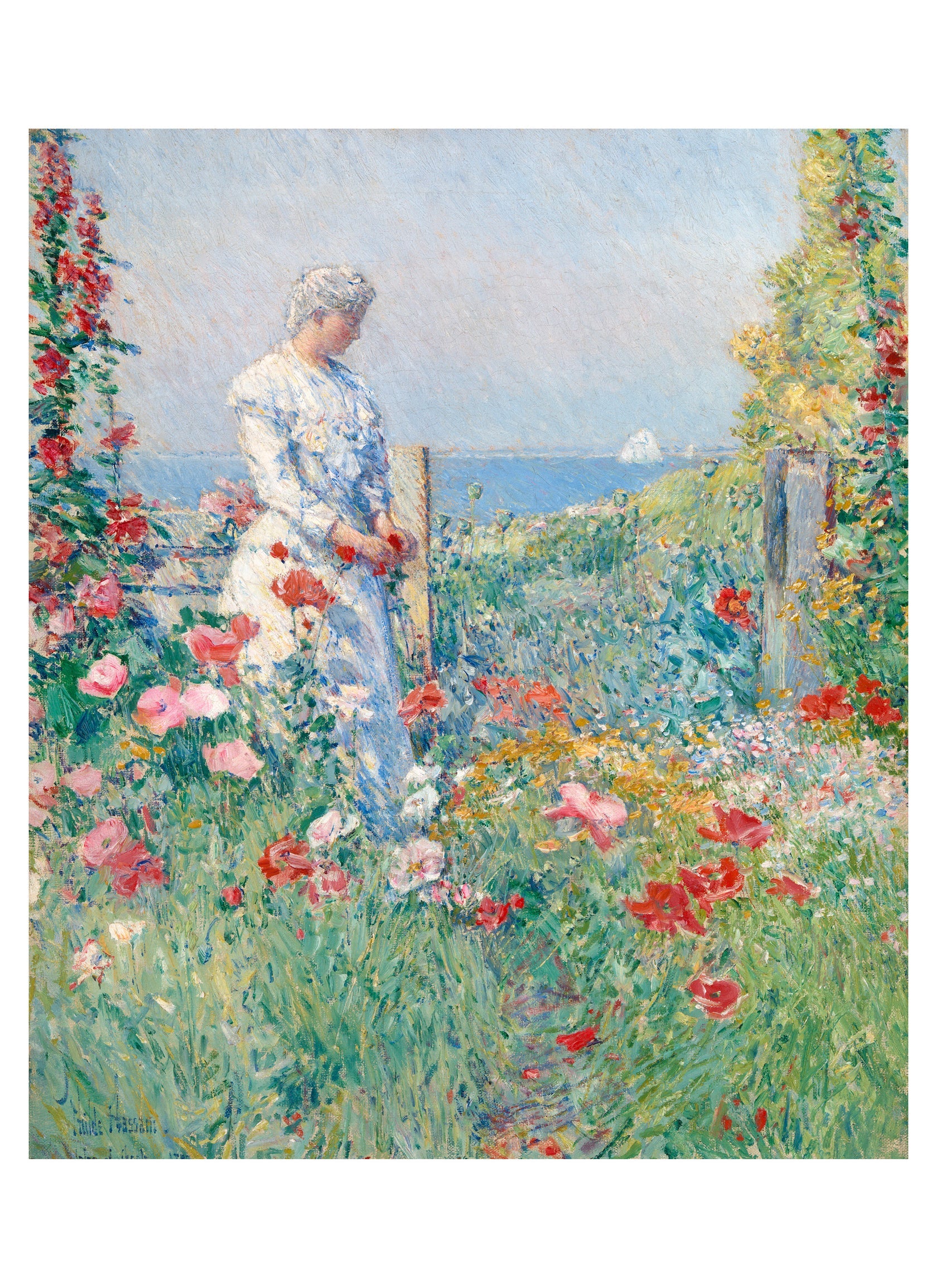 Painting of a woman in a garden with flowers and ocean view