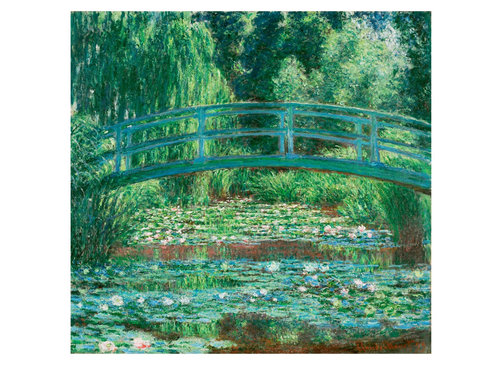 Painting of a bridge over water lilies with greenery in the background