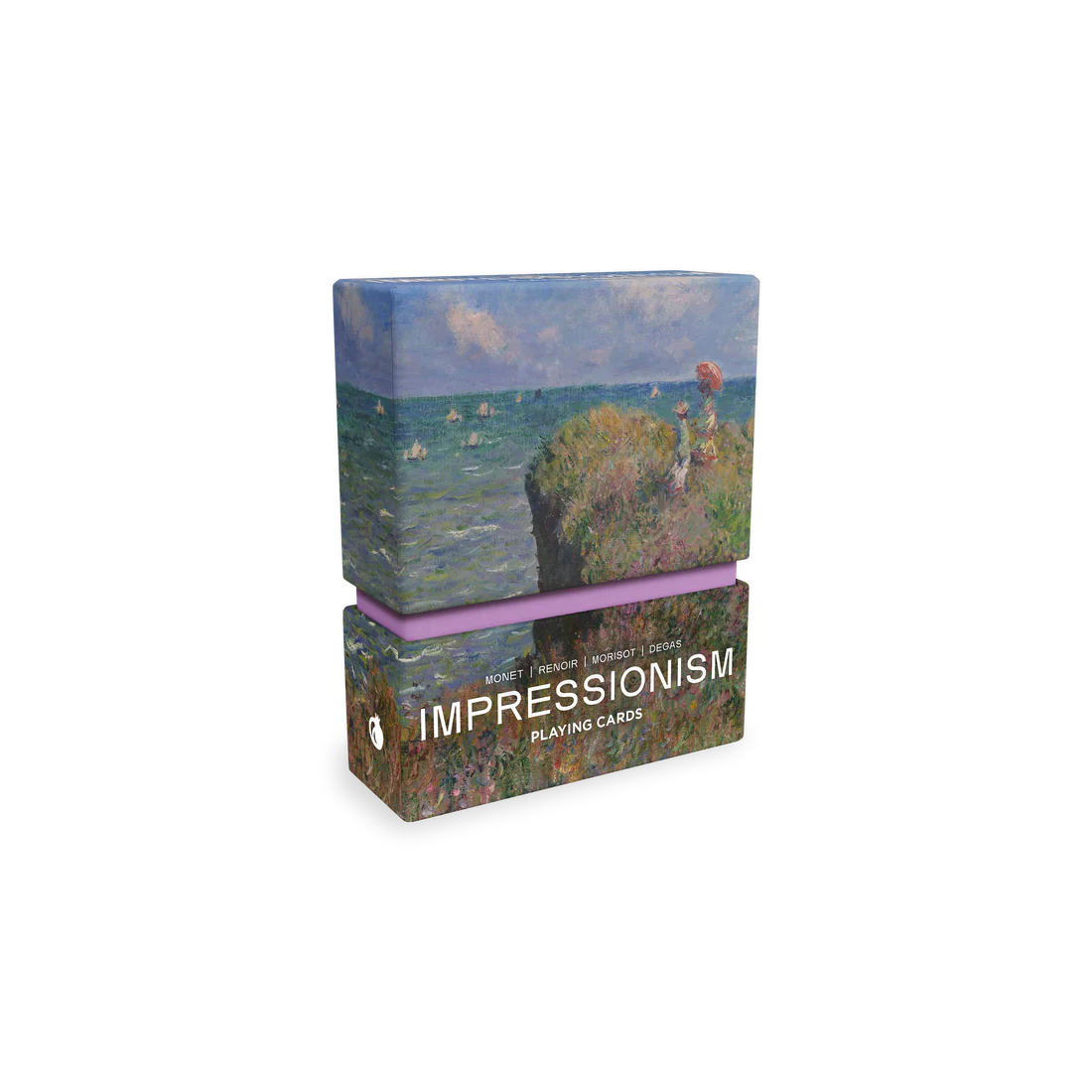 Box of playing cards with impressionist painting design on a white background