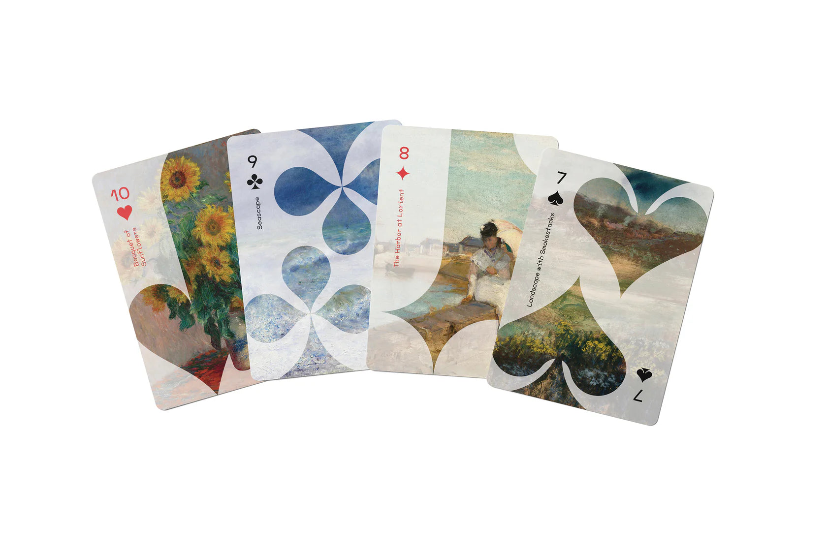 Set of playing cards with artistic designs on a white background