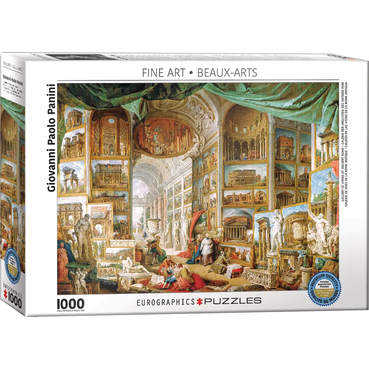 Boxed jigsaw puzzle from the Eurographics Puzzles Fine Art Collection, featuring Giovanni Paolo Panini painting 'Gallery of Views of Ancient Rome' feautring an artwork of people lounging around an gallery filled with ancient Roman painitngs and statues with text indicating 1000 pieces