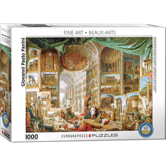 Boxed jigsaw puzzle from the Eurographics Puzzles Fine Art Collection, featuring Giovanni Paolo Panini painting 'Gallery of Views of Ancient Rome' feautring an artwork of people lounging around an gallery filled with ancient Roman painitngs and statues with text indicating 1000 pieces