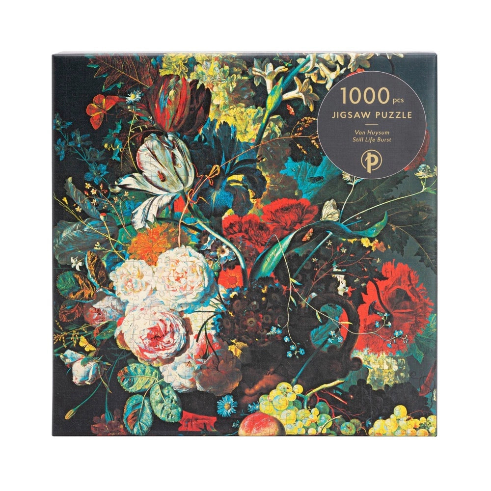 Jigsaw puzzle box with floral design and '1000 pcs' label on a white background