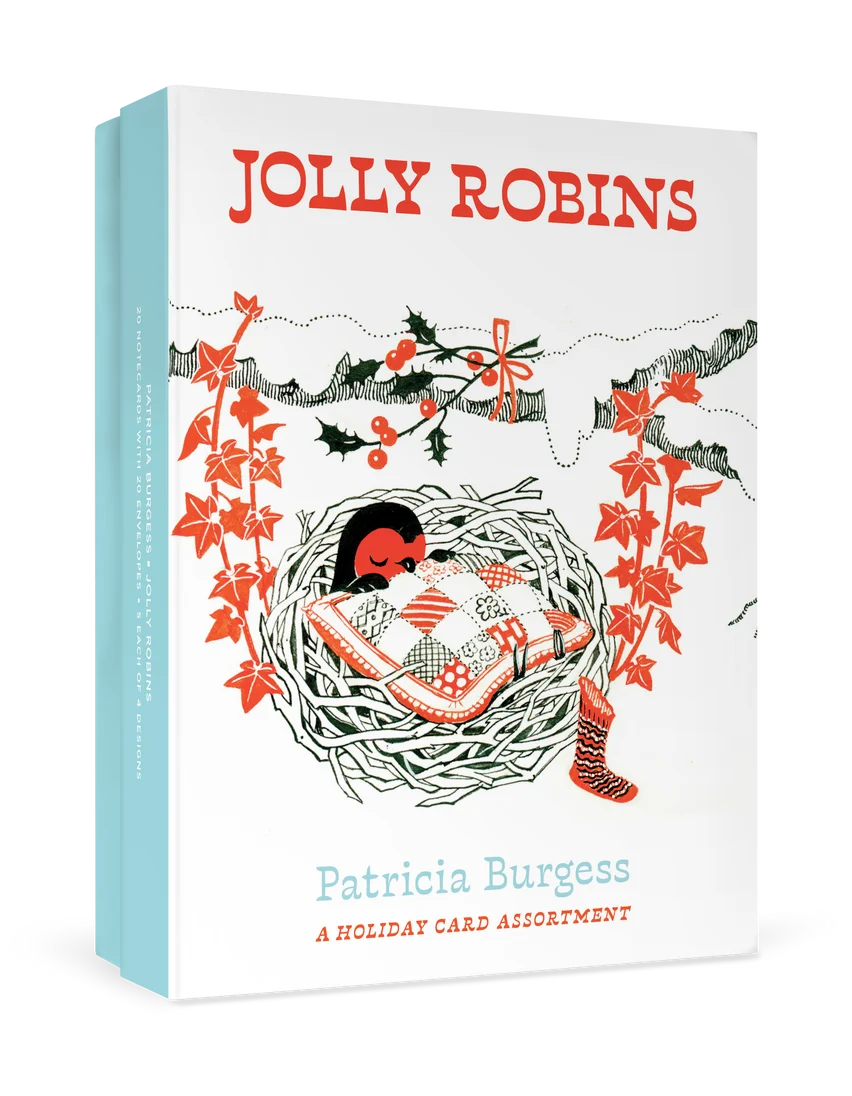 A white box with a red and black image of a bird sleeping in a nest with the text "Jolly Robins Patricia Burgess A Holiday Card Assortment" on a white background
