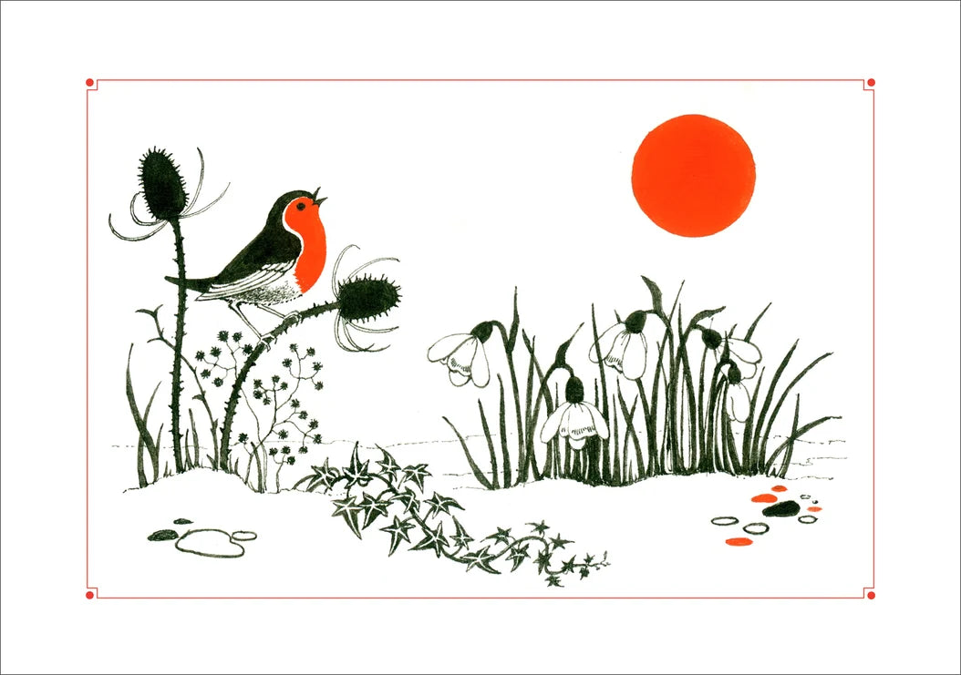 A red and black illustration featuring a robin in a snowy landscape under a red sun on a white background.