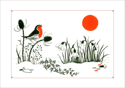 A red and black illustration featuring a robin in a snowy landscape under a red sun on a white background.