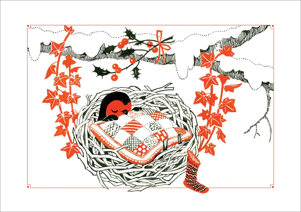 A red and black illustration of a obin sleeping in a nest in a snowy landscape on a white background.