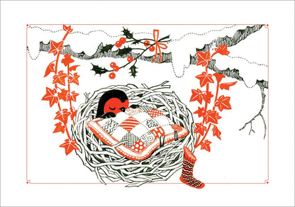 A red and black illustration of a obin sleeping in a nest in a snowy landscape on a white background.