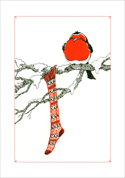 A red and black illustration of a red robin on a branch with a red and black knit stocking on a white background.