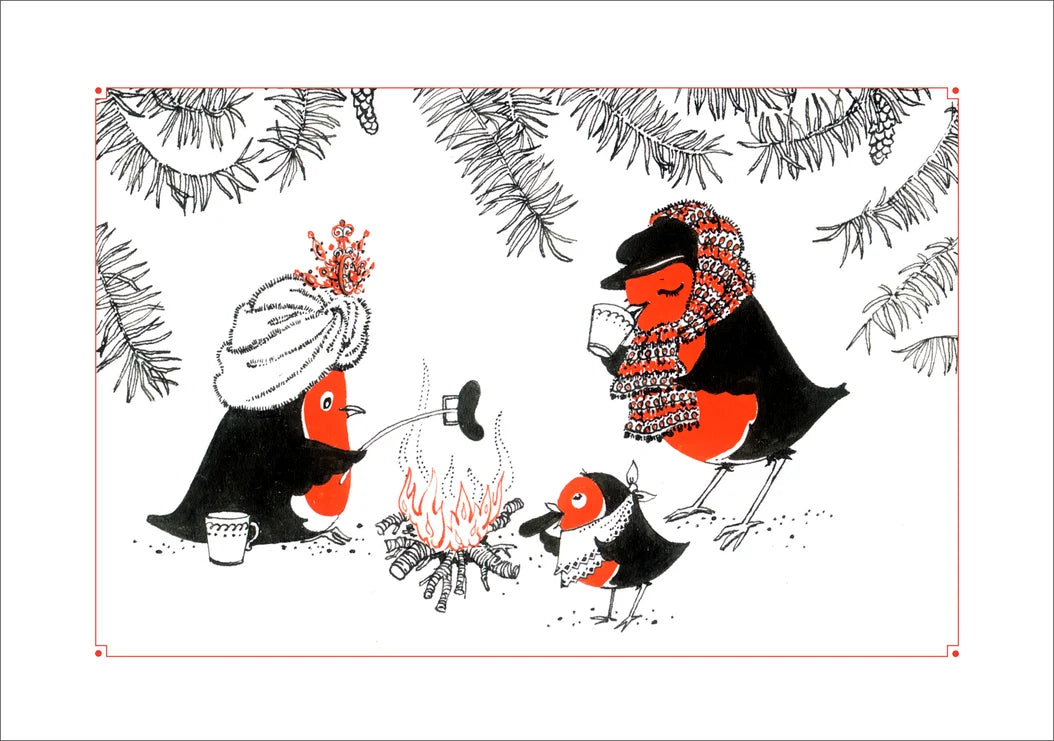 A red and black illustration of a group of robins around a fire on a white background.
