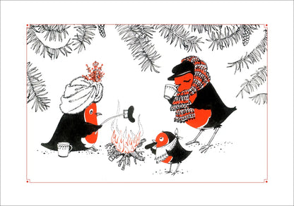 A red and black illustration of a group of robins around a fire on a white background.
