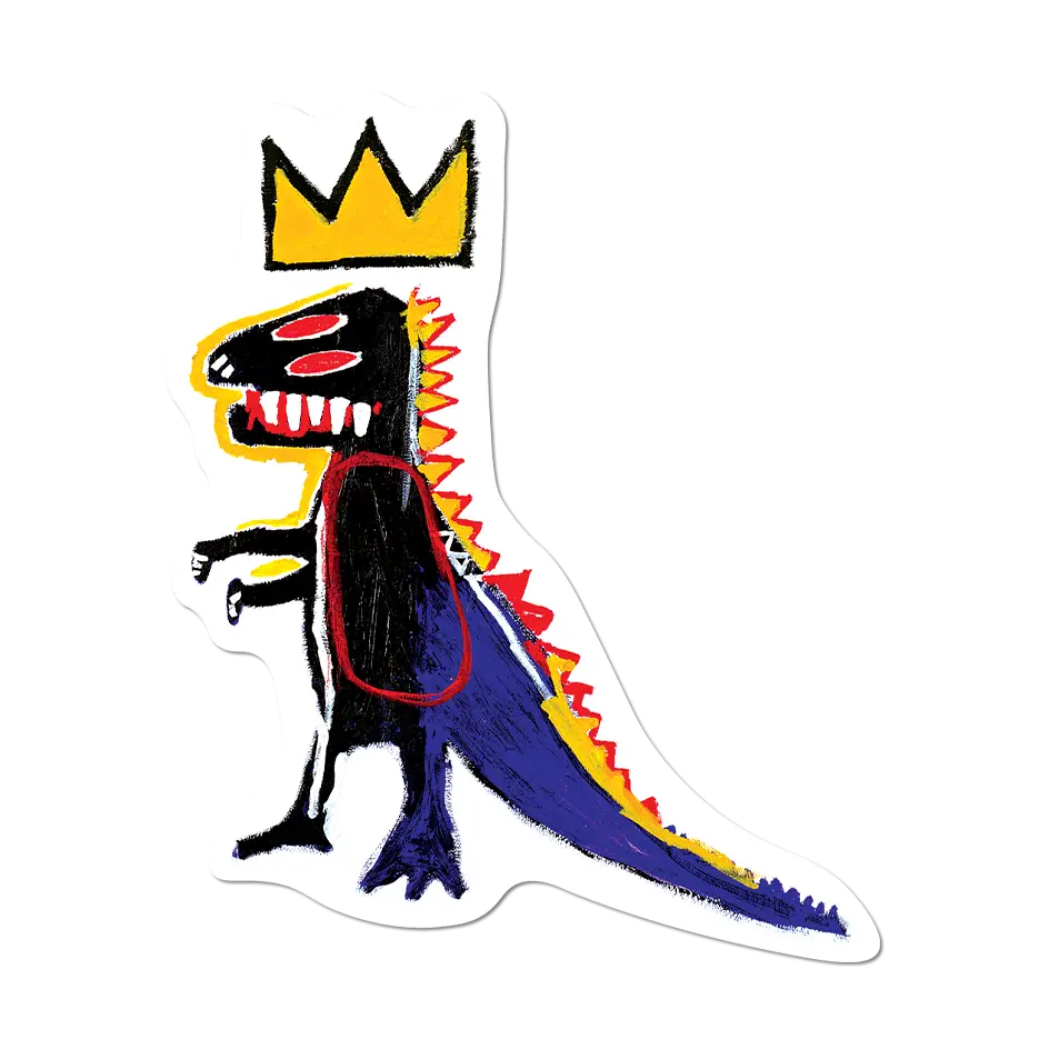 Basquiat's colorful dinosaur with a crown on a white background