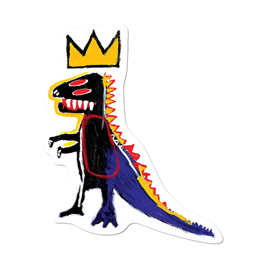 Basquiat's colorful dinosaur with a crown on a white background