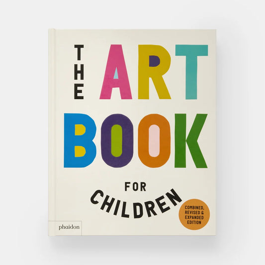 The Art Book for Children hardback book by Phaidon, featuring a cream-colored cover with large, colorful block letters spelling out the title and a small gold badge in the bottom right corner.