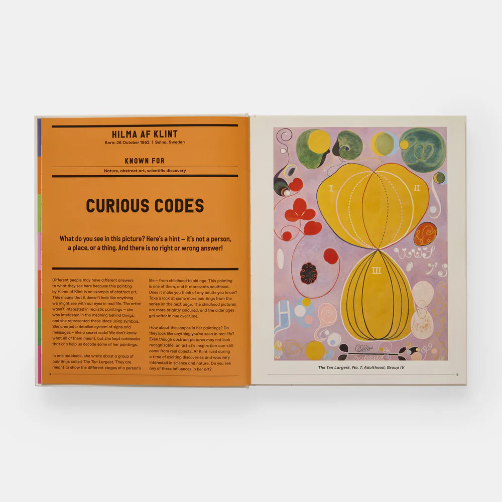 An open book shown against a light gray background. The left page has a black text reading "Hilma Af Klint" and "Curious Codes" on a orange background. The right page has an image of one of Hilma Af Klints paintings of yellow, green, red and white organic forms on a lavendar background.