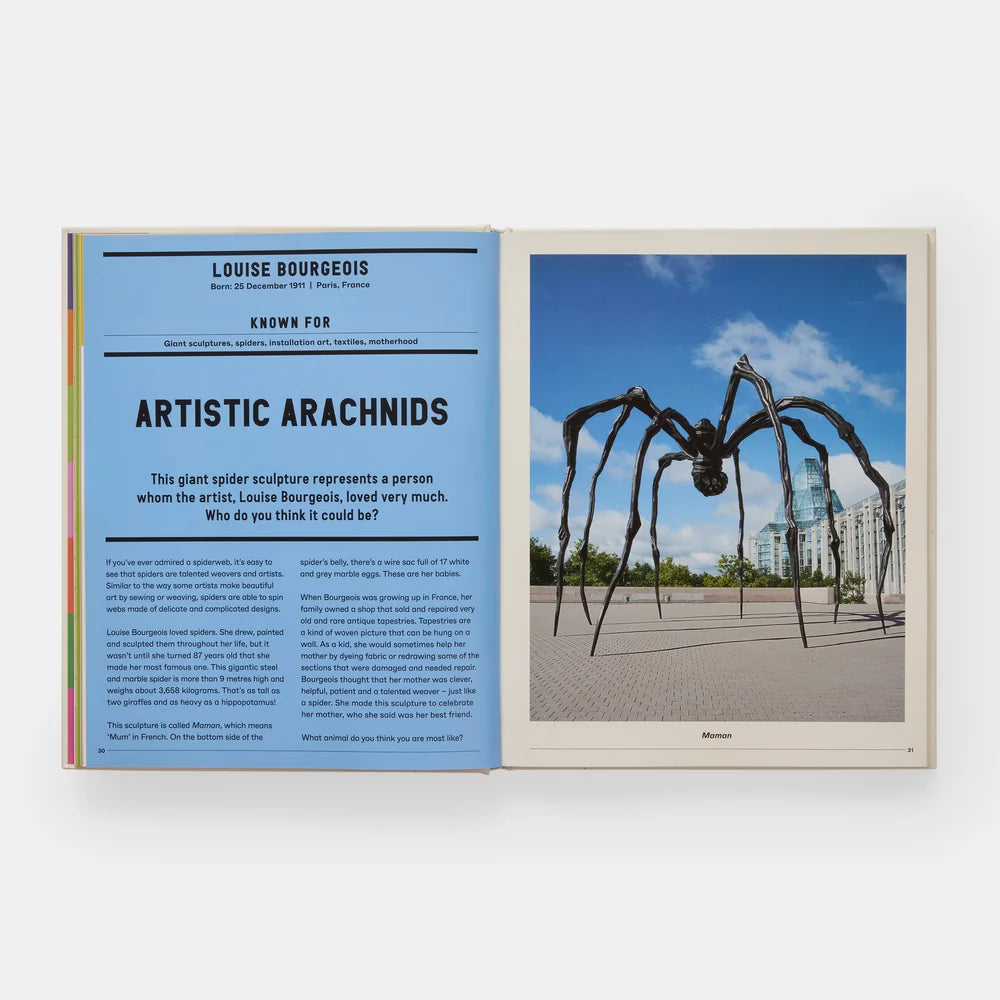 An open book shown against a light grey background. The left page features black text reading "Louise Bourgeois" and "Artistic Arachnids" on a sky blue background. The right page features a photograph of a larger than life iron spider sculpture by Louise Bourgeois.