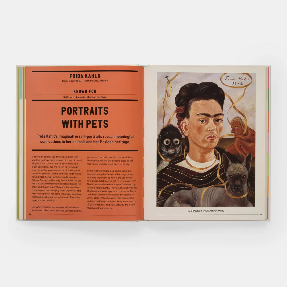 An open book spread showing a portrait of Frida Kahlo with monkeys on the right page and an orange text panel on the left, photographed against a light gray background.