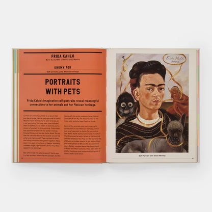 An open book spread showing a portrait of Frida Kahlo with monkeys on the right page and an orange text panel on the left, photographed against a light gray background.