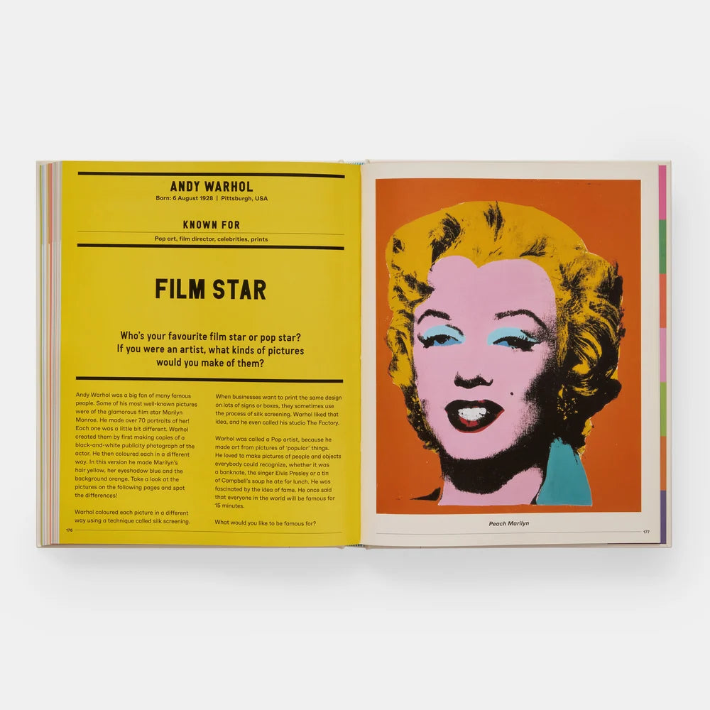 An open book spread showing a yellow left page with text about Andy Warhol and a right page with a pop-art portrait of Marilyn Monroe on an orange background.