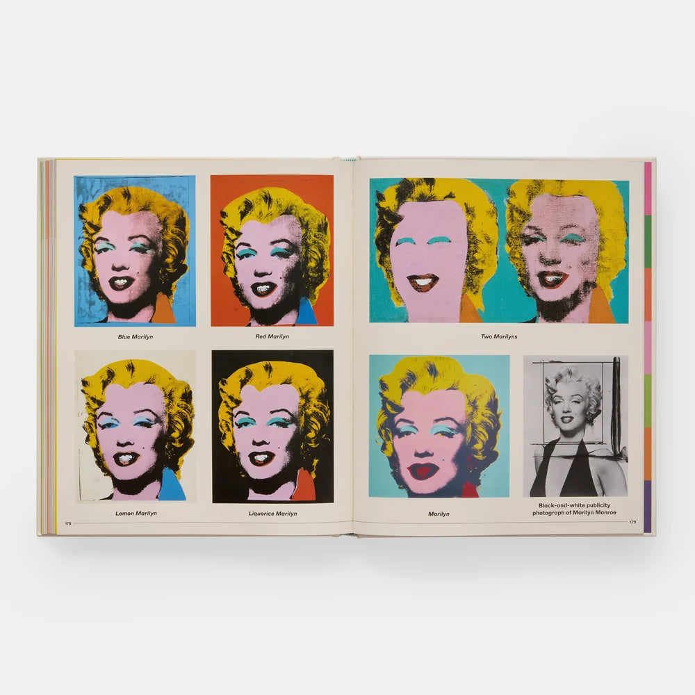 Book open to a page with multiple pop art style images of a Marilyn Monroe.