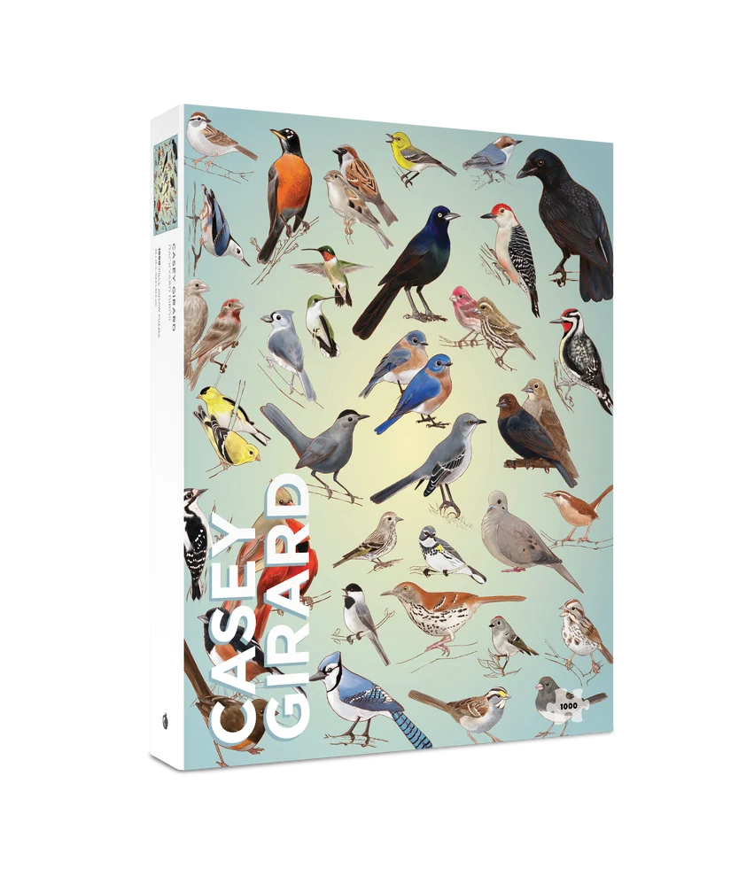 Packaging for a 1000 piece puzzle featuring a variety of multi-colored birds on a light blue background with the words Casey Girard in the corner
