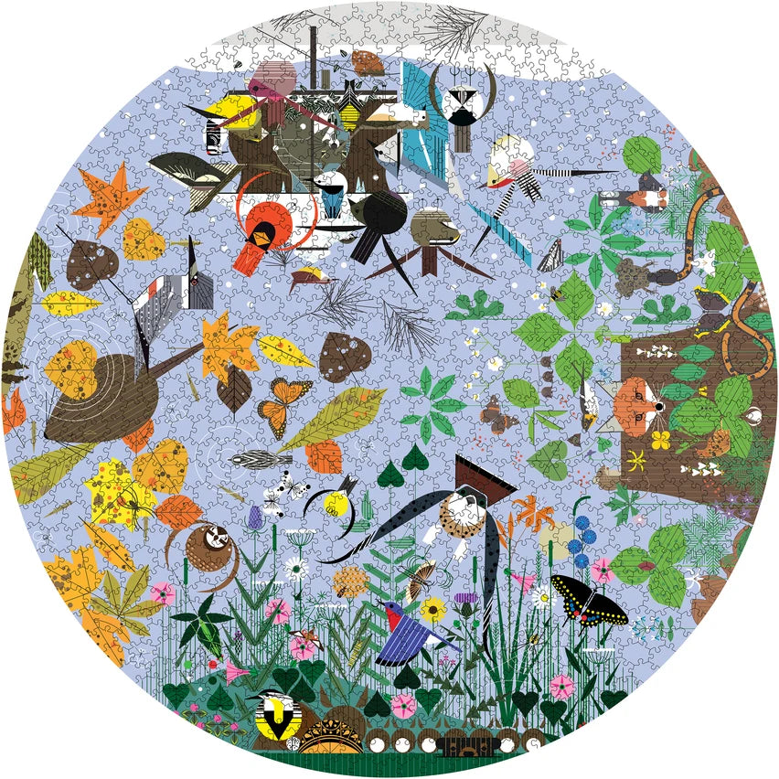 A completed 1000 piece jigsaw puzzle featuring a circular artwork dipicting a variety of multi-color birds on a light blue background