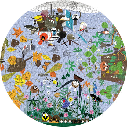 A completed 1000 piece jigsaw puzzle featuring a circular artwork dipicting a variety of multi-color birds on a light blue background