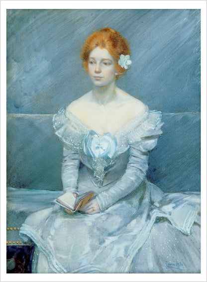 A red-haired white woman in a blue gown seated on a blue couch with an open book in her hands against a blue background.
