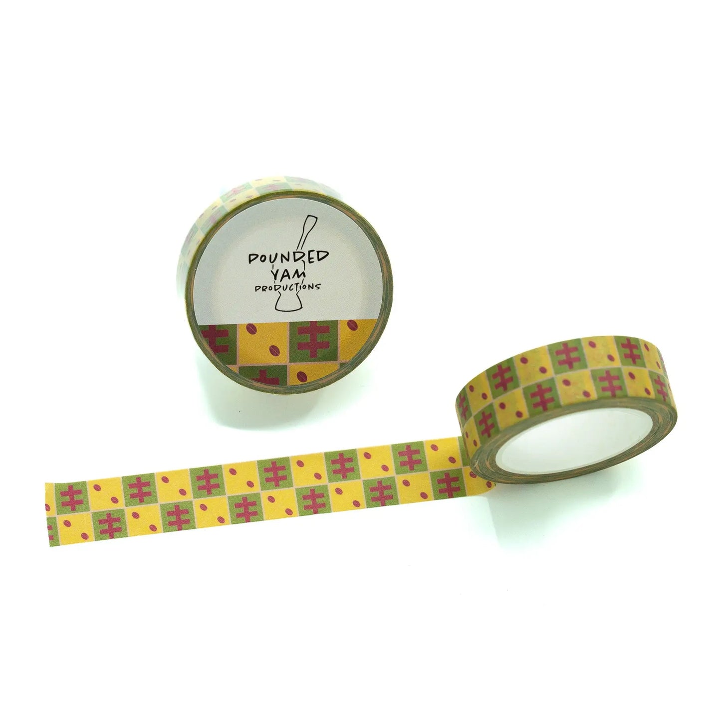 A roll of decorative washi tape with a yellow and green checkered pattern and small red dots, shown both on its cardboard core and unrolled on a white background. The cardboard core features the brand name 'Pounded Yam Productions'.
