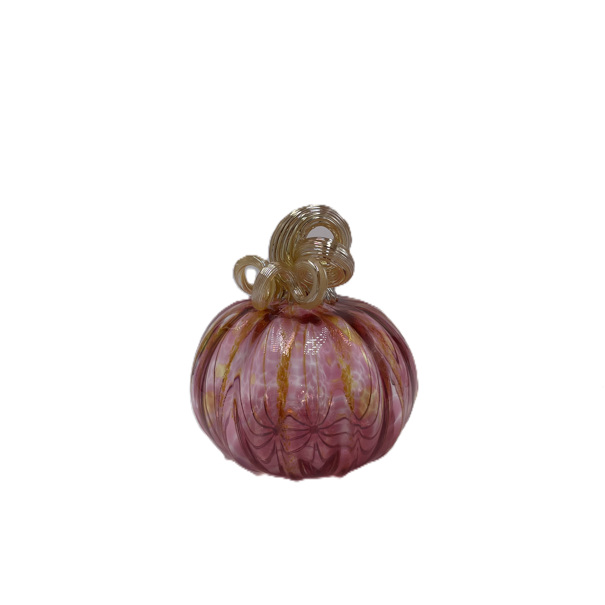 A hand-blown glass pumpkin with a pink body, accented by gold veins and a gold stem, isolated on a white background.
