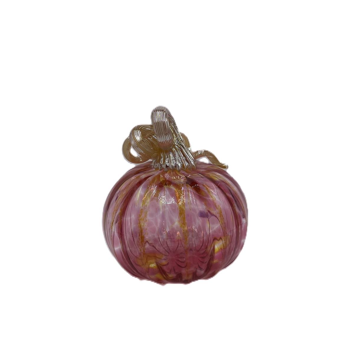 A hand-blown glass pumpkin with a pink body, accented by gold veins and a gold stem, isolated on a white background.