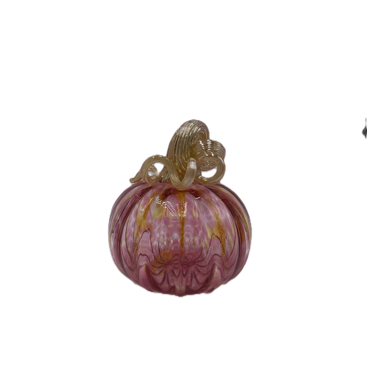 A hand-blown glass pumpkin with a pink body, accented by gold veins and a gold stem, isolated on a white background.