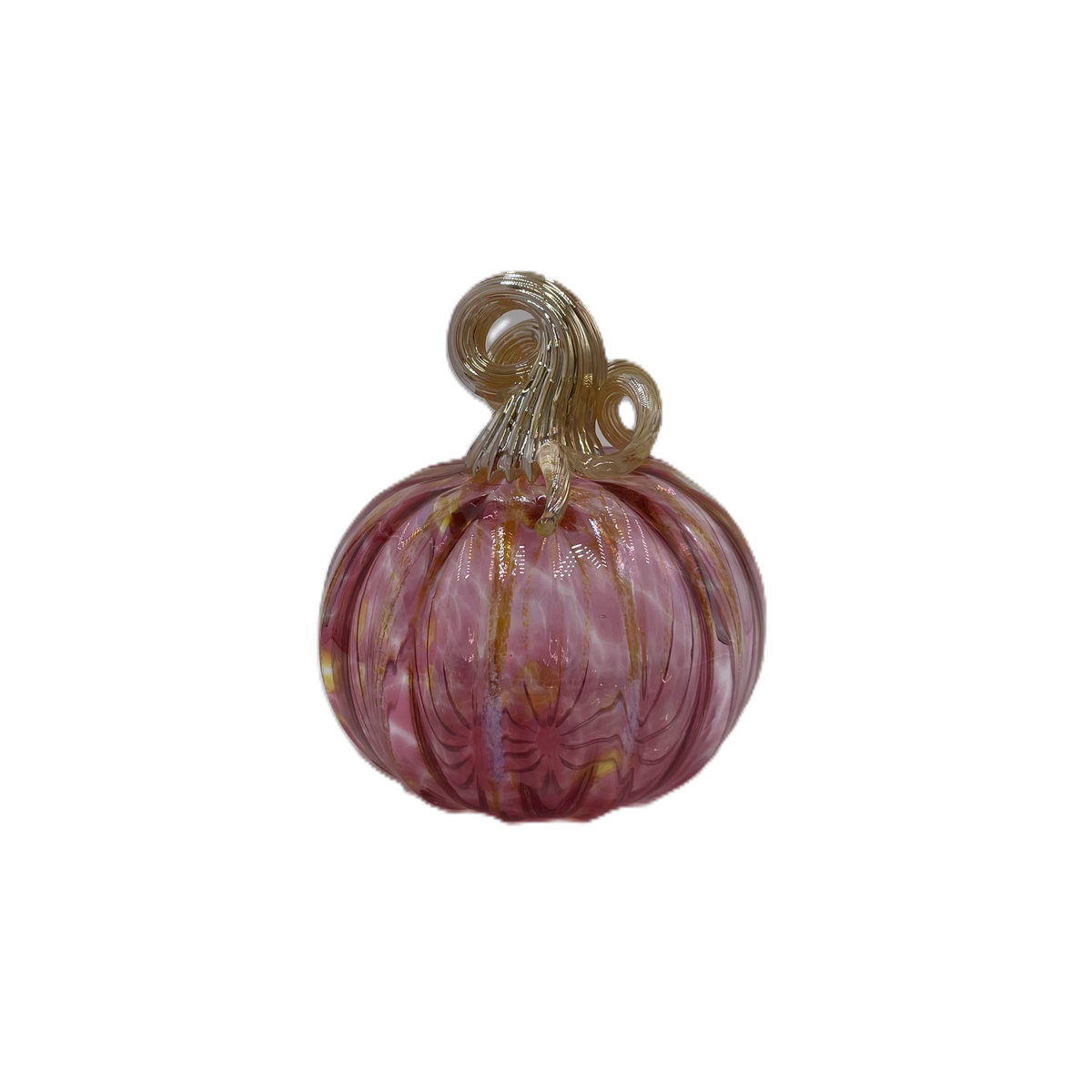 A hand-blown glass pumpkin with a pink body, accented by gold veins and a gold stem, isolated on a white background.