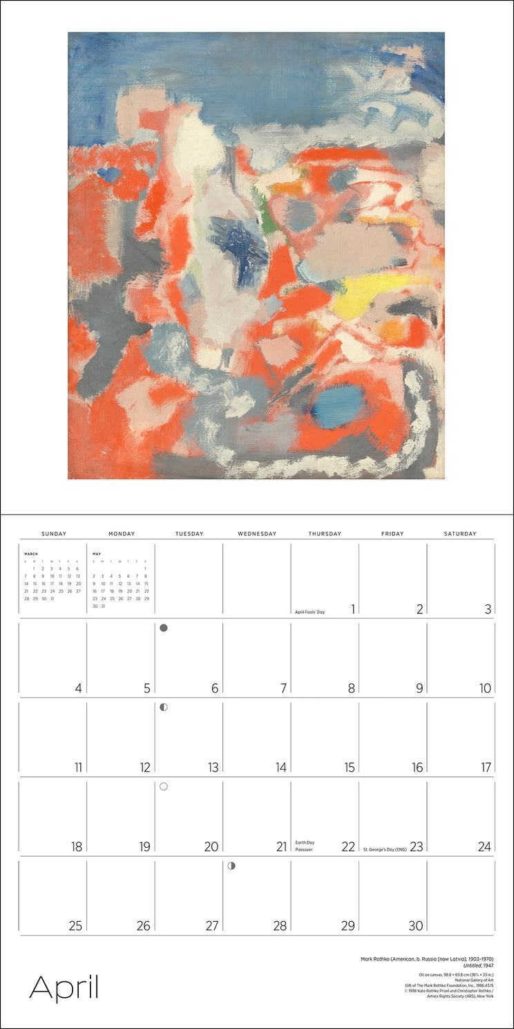 An open calendar with a monthly grid with the word April on the bottom and a blue and orange abstract image on the top
