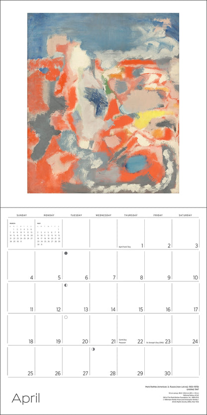 An open calendar with a monthly grid with the word April on the bottom and a blue and orange abstract image on the top
