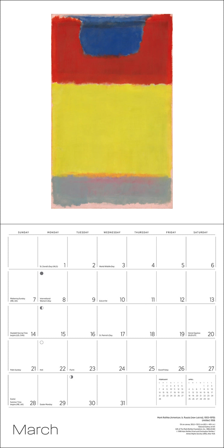 An open calendar with a monthly grid with the word March on the bottom and a green, red and blue abstract image at the top
