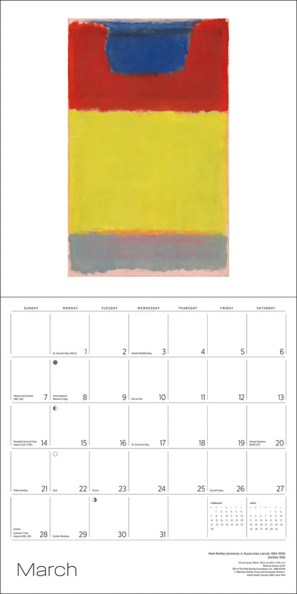 An open calendar with a monthly grid with the word March on the bottom and a green, red and blue abstract image at the top

