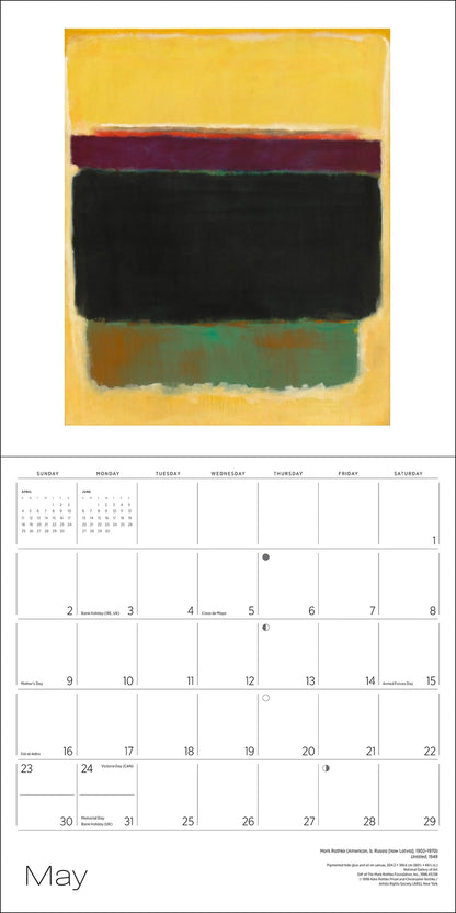 An open calendar with a monly grid and the word May at the bottom and a abstract yellow, black and green abstract image on the top
