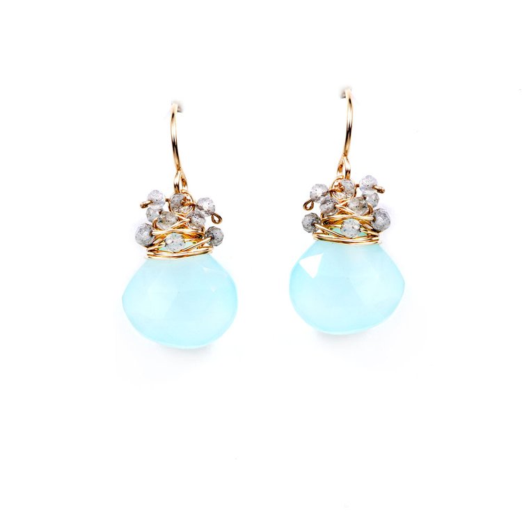 Wire Wrapped Aqua Chalcedony & Labradorite Earrings
