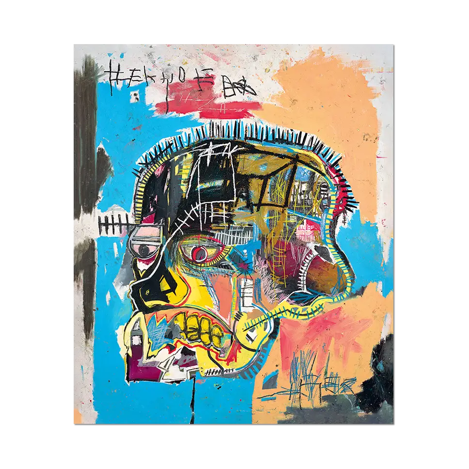 Abstract artwork with a colorful face design on a white background