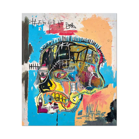 Abstract artwork with a colorful face design on a white background