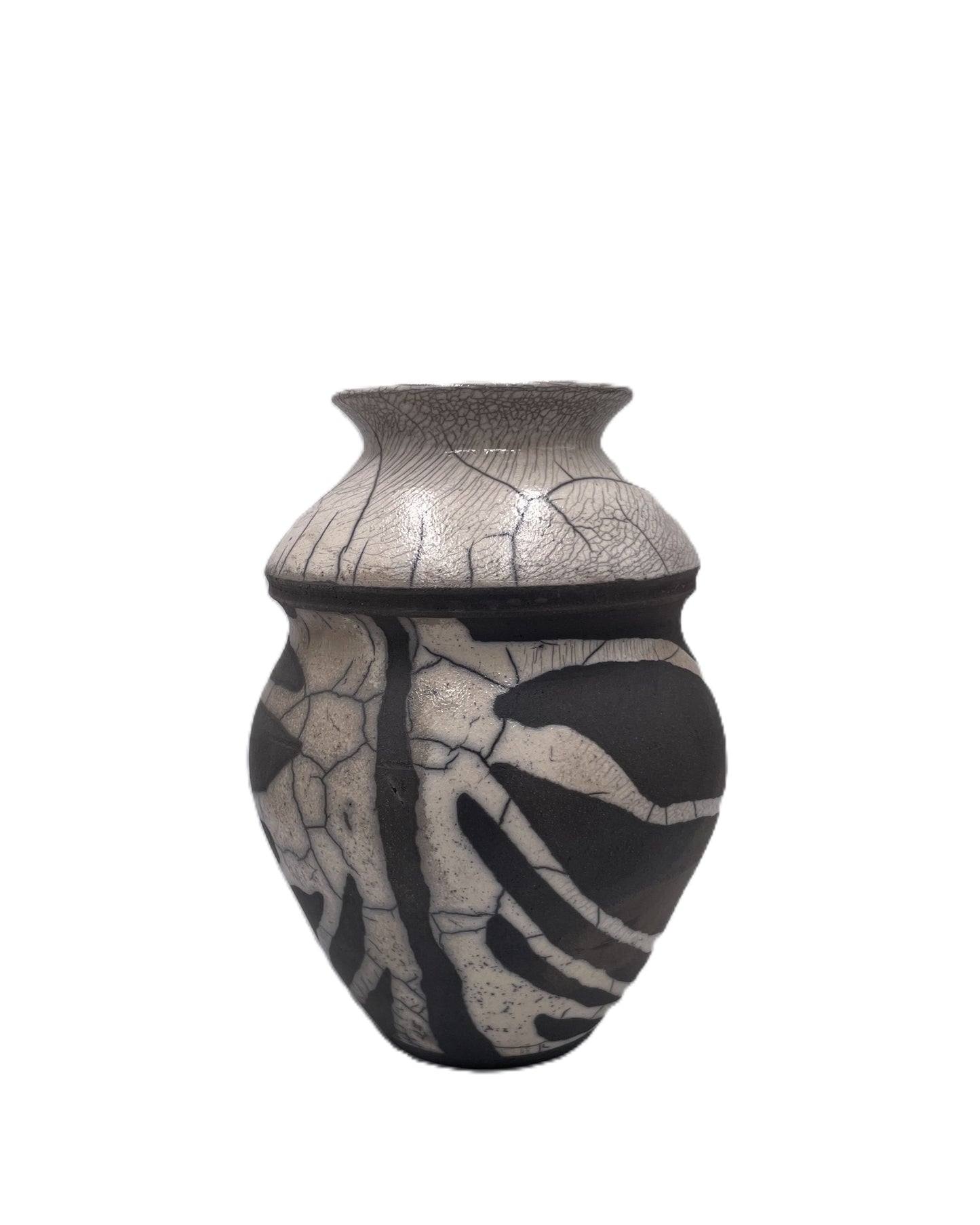 Decorative ceramic vessel with black and cream raku design on a white background